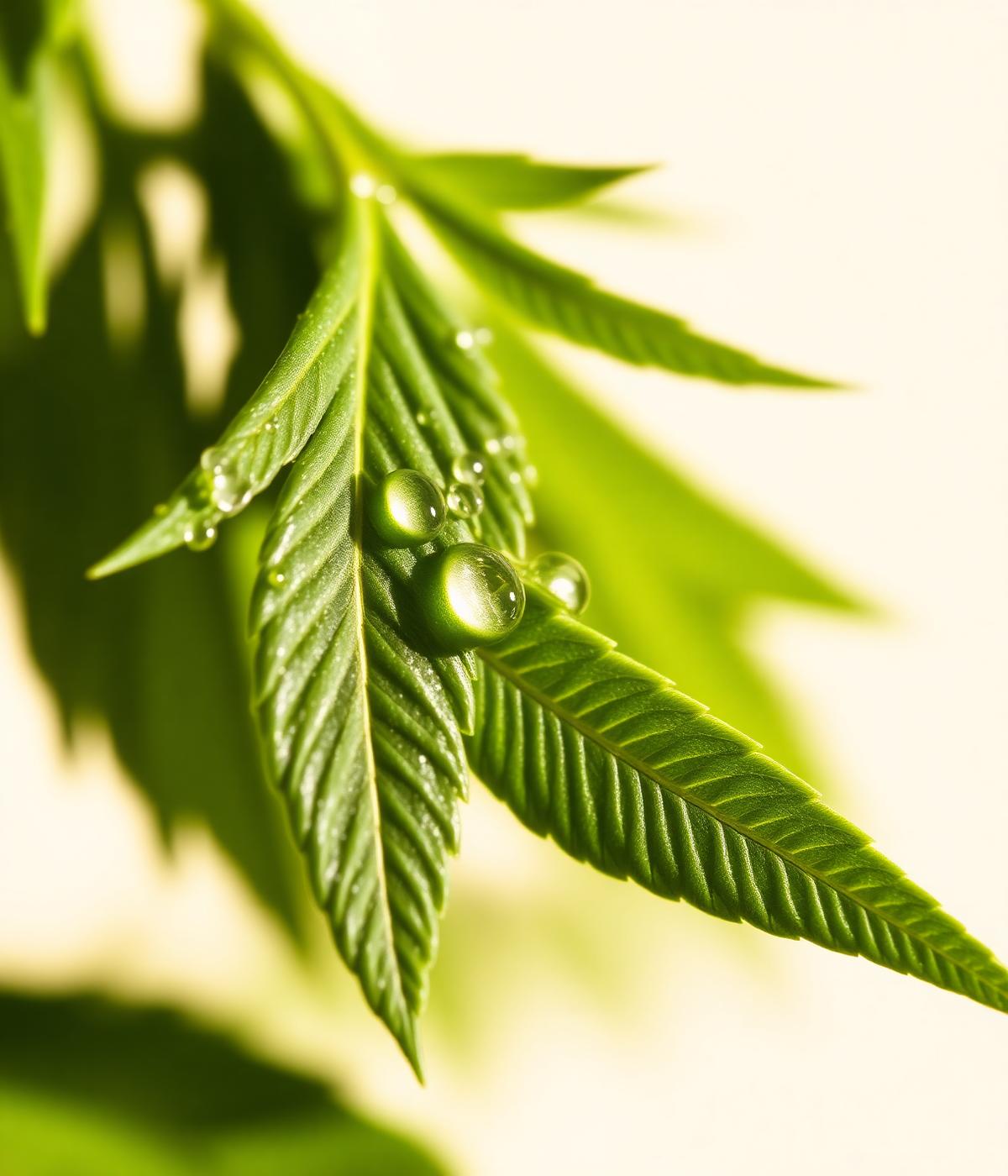 Close-up of a fresh hemp leaf with morning dew