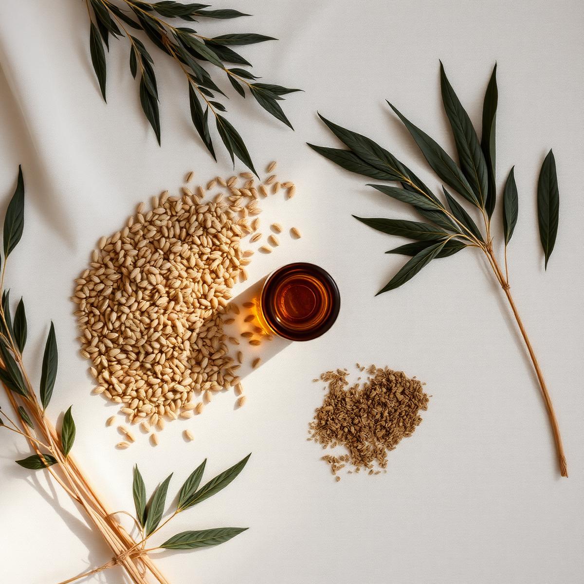 Hemp seeds, dried leaves and an amber glass jar on linen